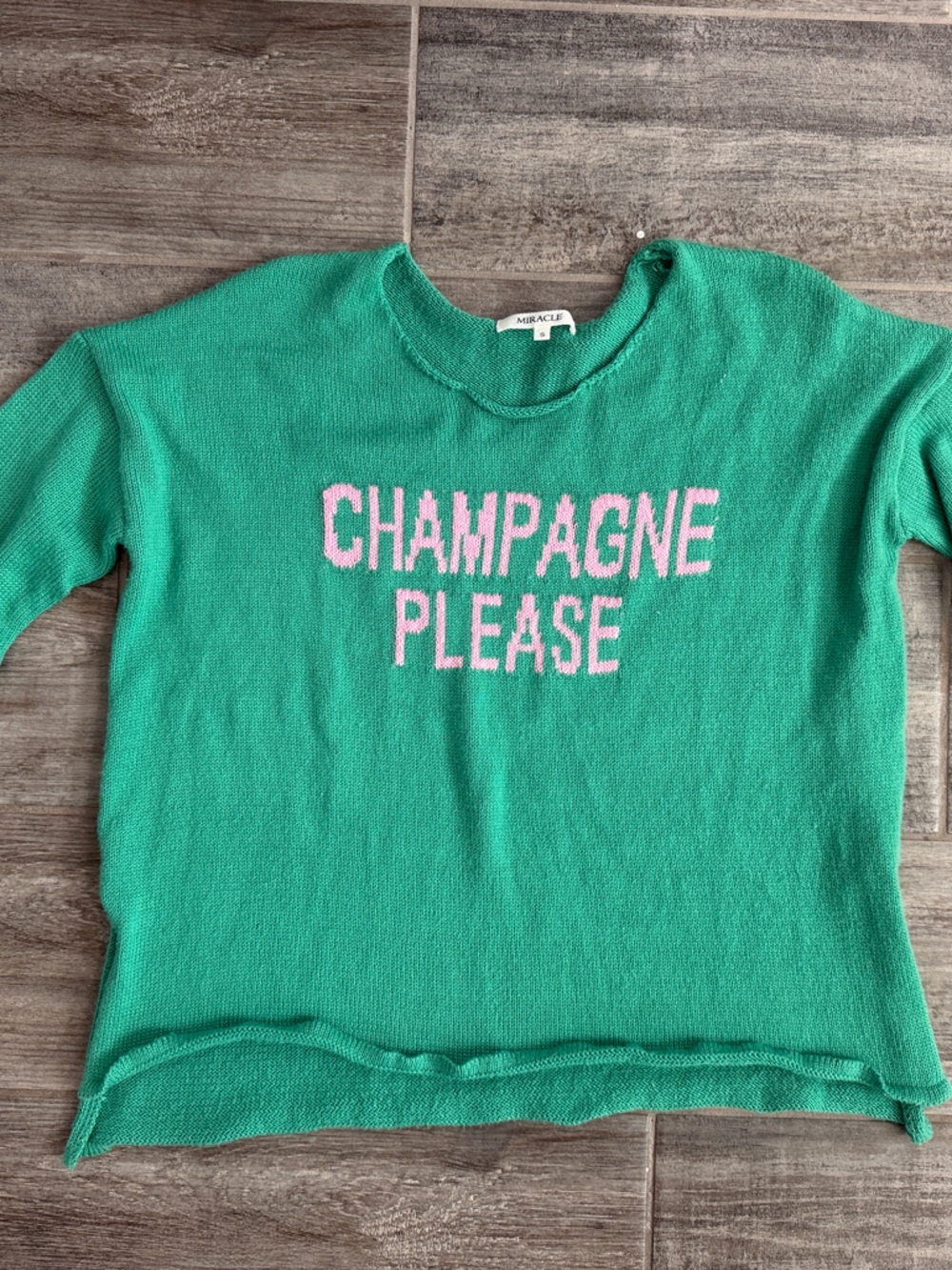 Miracle Green Crewneck Sweater with Pink 'CHAMPAGNE PLEASE' Text